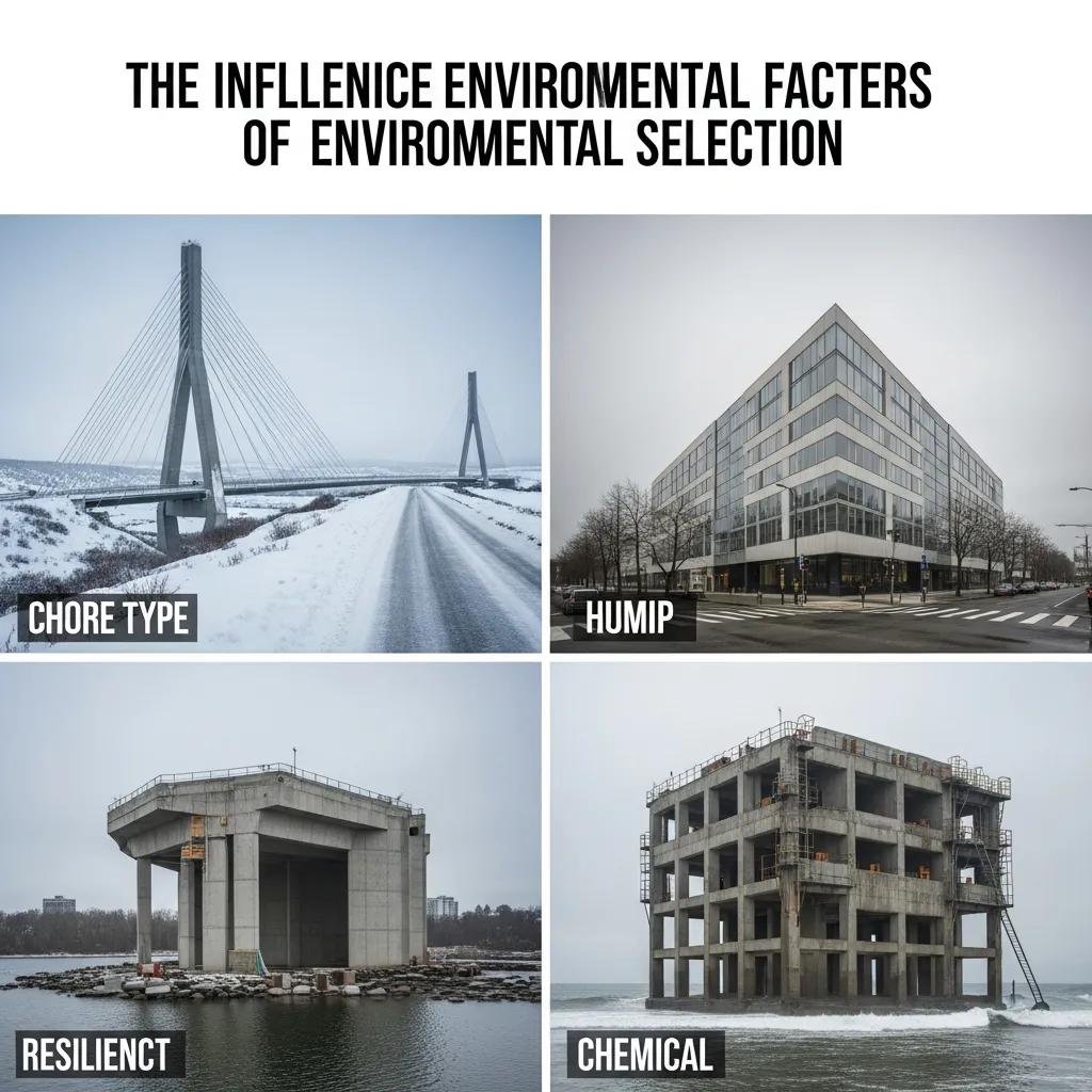 Environmental factors influencing concrete selection, featuring a snowy bridge (top left), a modern building in a humid area (top right), a resilient concrete structure by water (bottom left), and a chemical-resistant construction site (bottom right).